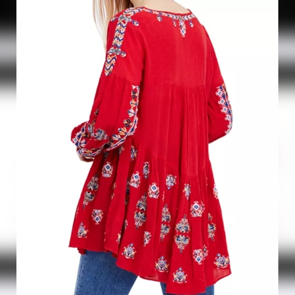 Free People Arianna Embroidered Tunic Red Boho Peasant Top Button Front Size L - Picture 3 of 14